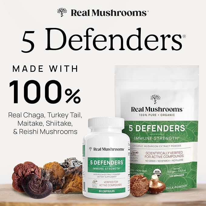 Real Mushrooms 5 Defenders - Adaptogenic Mushrooms Complex with Chaga, Reishi, Turkey Tail, Maitake & Shiitake for Wellness Support - Mushroom Beta Glucan Capsules - 90 Count (Pack of 2)