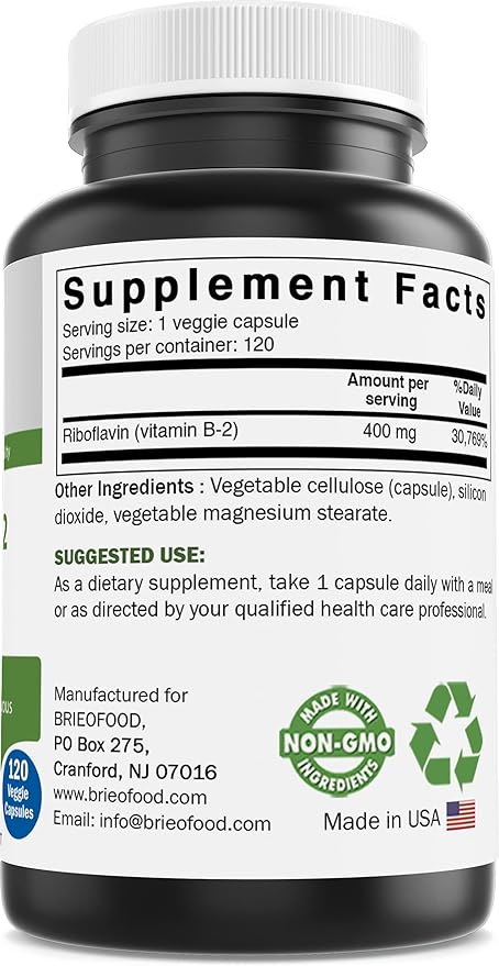Brieofood Vitamin B2 (Riboflavin) 400mg, 120 Veggie Capsules - Gluten Free, Non-GMO