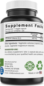 Brieofood Vitamin B2 (Riboflavin) 400mg, 120 Veggie Capsules - Gluten Free, Non-GMO
