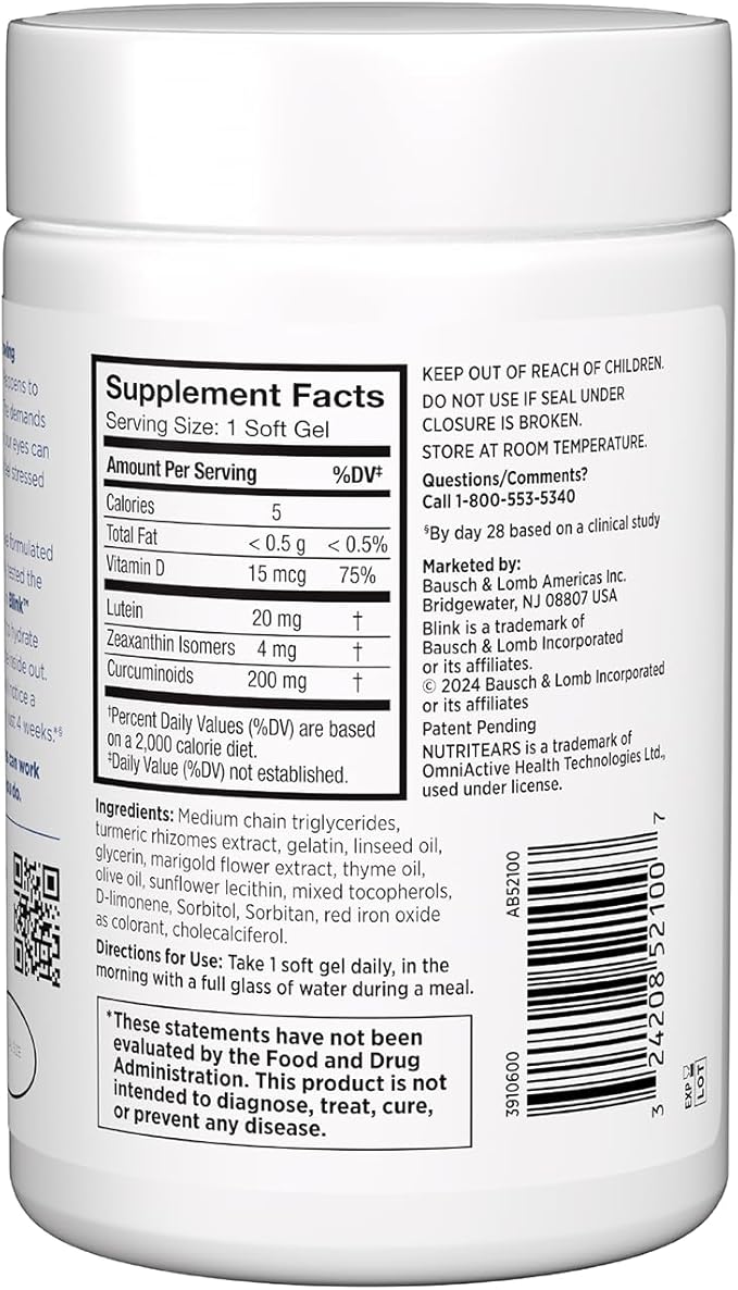 Blink NutriTears Clinically Proven Supplement for Dry Eyes, Eye Care with Lutein & Zeaxanthin and Vitamin D to Hydrate Eyes from Within for Long-Lasting Relief, 50 Softgels