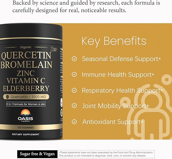 8-in-1 Quercetin with Bromelain Gummies 1000mg, High Potency Organic Quercetin Supplement with Zinc & Vitamin C, Elderberry, Seasonal Wellness & Immune Support, Vegan, Sugar Free, 120 Gummies