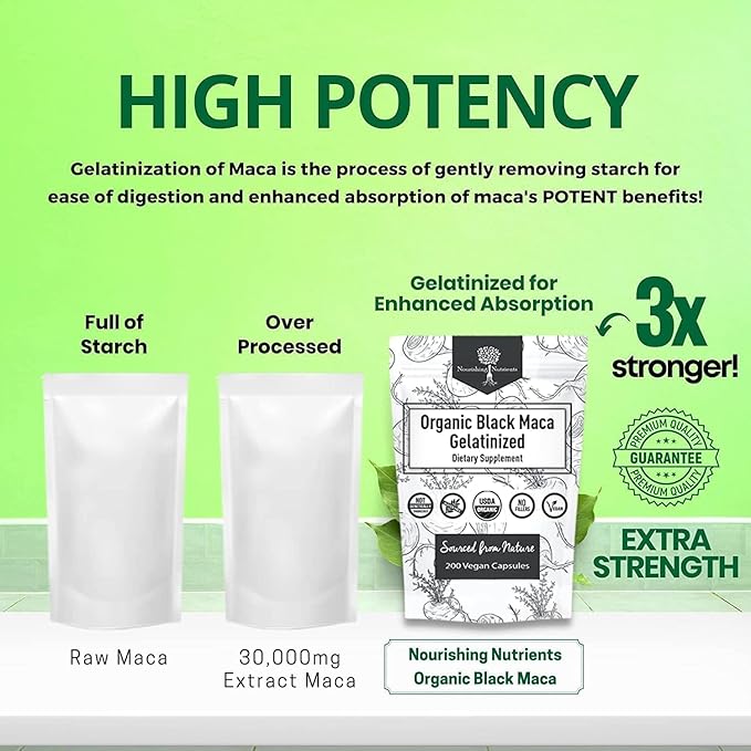 Organic Gelatinized Black Maca 3X Stronger 200 Capsules for Men & Women, Natural Energy Supplement for Focus, Performance, Stamina & Endurance, Mood Enhancement & Stability, Mental Clarity 1000mg x 2