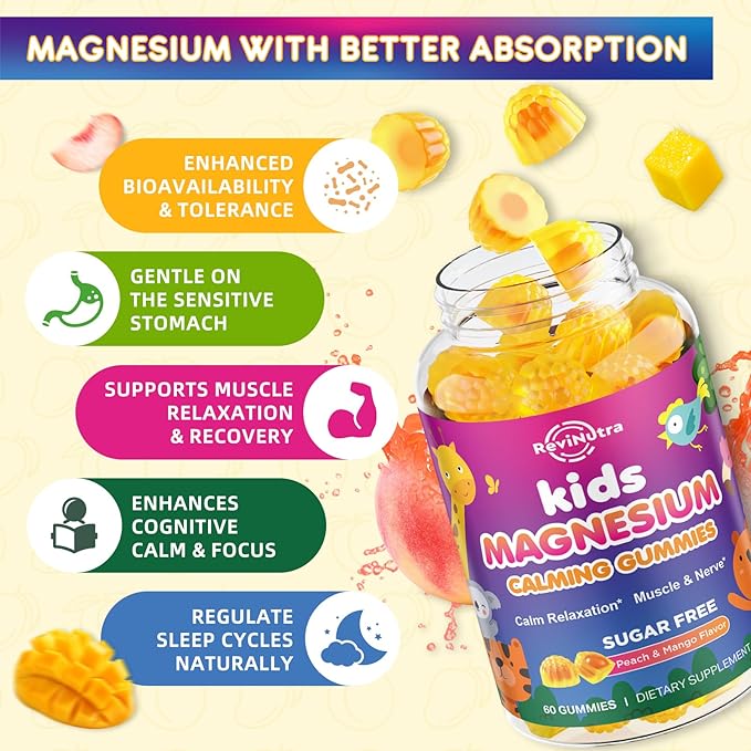 Center-Filled Kids Magnesium Gummies - Magnesium Glycinate Gummies for Kids Adults with L-Theanine, Chamomile, Licorice, Vitamin D, B6 for Sleep, Relaxation, Brain & Muscle - Sugar Free Peach & Mango