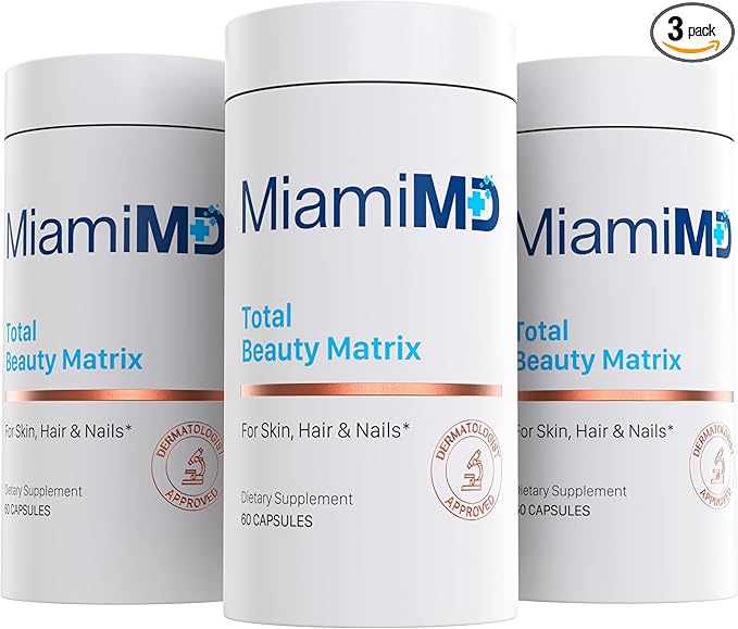 MiamiMD Total Beauty Matrix Collagen Supplements for Women - Collagen Capsules with Vitamin C for Hair, Skin and Nails - Cruelty Free - (60 Capsules) - 3 Pack