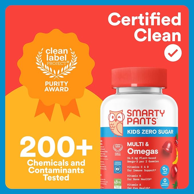 SmartyPants Kids Zero Sugar Multivitamin Gummies: Omega-3, Vitamins D, C, A, Plant-Based, Gluten Free, Strawberry Banana Flavor, 60 Count (30 Day Supply)