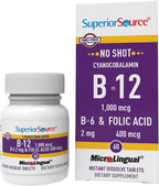 Superior Source No Shot Vitamin B-12 Cyanocobalamin 1000 mcg, B-6, Folic Acid 400 mcg - Support Brain & Heart Health - Aids Natural Energy Levels - 60 Sublingual Dissolving Tablets
