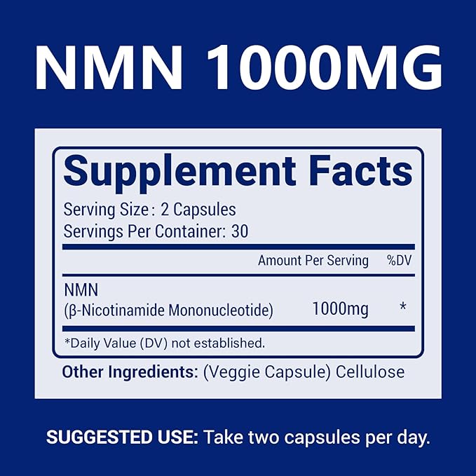 NMN 1000mg Per Serving Maximum Strength - 99% Pure NMN (Nicotinamide Mononucleotide) for NAD, Cell, Immune, Energy, Anti-Aging & Longevity, Stabilized NMN Supplements 1000mg - 60 Veggie Capsules