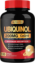 DRFOSTER Coq10 Ubiquinol 200mg, Coq10 200mg Softgels, Max Absorption Ubiquinol with Vitamin E & PQQ & Black Pepper, Powerful Antioxidant, 120 Softgels
