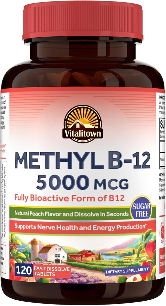 Vitalitown Vitamin B12 (Methyl B12) 5000 mcg, Fully Bioactive Form, Support Energy Production, Natural Peach Flavor, Zero Sugar, 120 Fast Dissolve Tablets