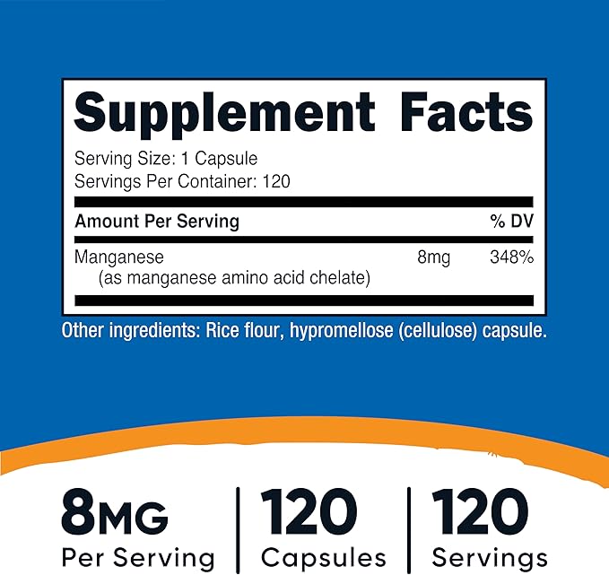 Nutricost Chelated Manganese Supplement 8mg, Amino Acid Chelate, 120 Capsules, 120 Servings - Gluten Free, Non-GMO and Vegetarian Friendly