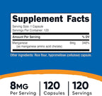 Nutricost Chelated Manganese Supplement 8mg, Amino Acid Chelate, 120 Capsules, 120 Servings - Gluten Free, Non-GMO and Vegetarian Friendly