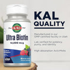 KAL Ultra Biotin 10000mcg ActivMelt, Hair Growth Supplement, High Potency Vitamin B7 for Healthy Hair, Skin, Nails and Energy Support, Vegetarian, Natural Mixed Berry Flavor, 60 Serv, 60 Micro Tablets