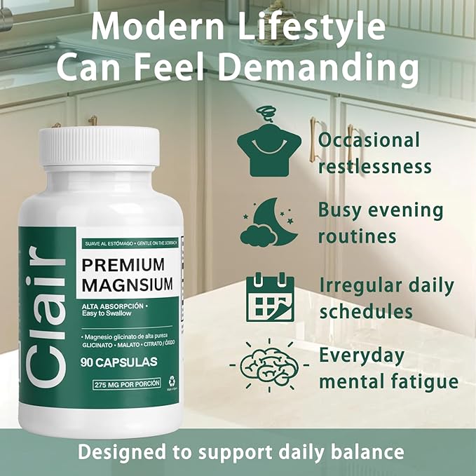 Clair Magnesio Premium Supplement, Premium Magnesium Glycinate, Non-GMO Ingredients, Daily Routine, Vegan-Friendly 90 Capsules