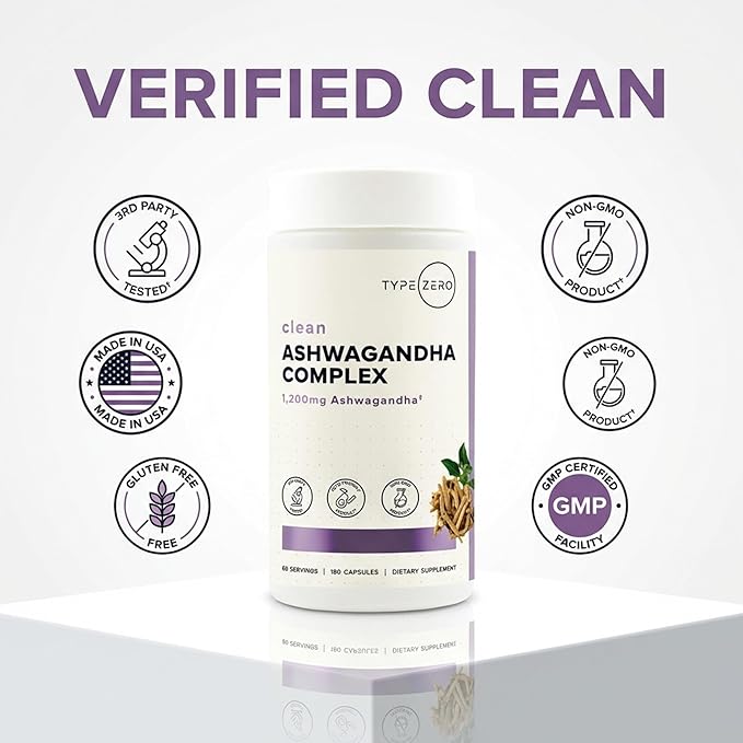 Type Zero KSM-66 Ashwagandha Root Extract 1,200mg, 60 Servings - High Potency 5% Withanolides - with Turmeric, Rhodiola Rosea and BioPerine Black Pepper Extract - 180 Veggie Caps