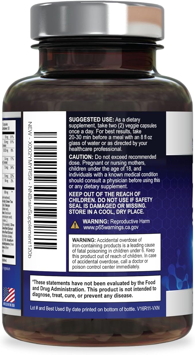 Brain Memory Supplement Pills - 3X Strength Nootropics for Concentration, Clarity & Focus Support - Brain Health Cognitive Vitamins with Bacopa, Phosphatidylserine & DMAE, Brain Booster - 120 Capsules