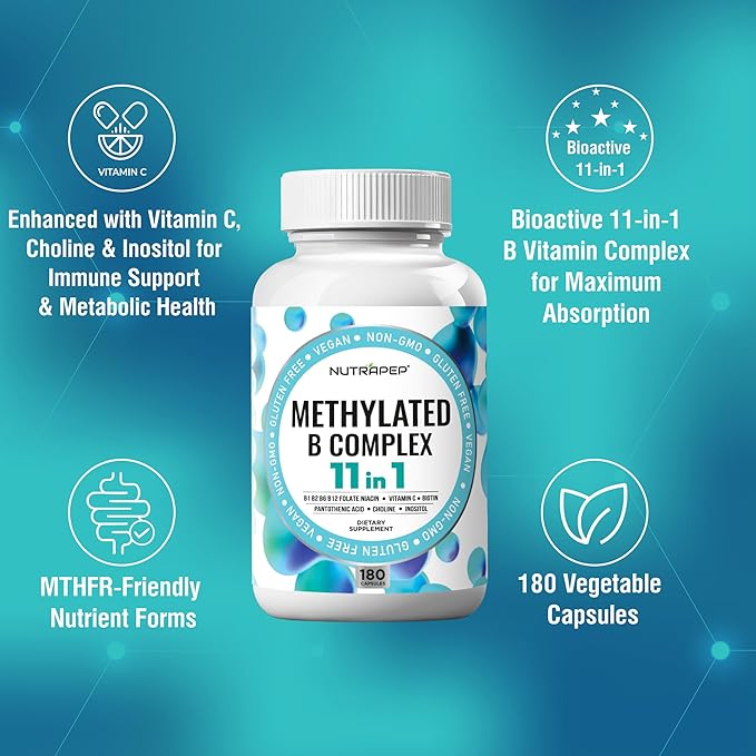 NutraPep Methylated B-Complex Vitamins - Complete Methyl B Complex Multivitamin with Bioactive B9 5-MTHF B6 B12 - MTHFR Support Supplement for Brain Heart Energy (Pack of 2)