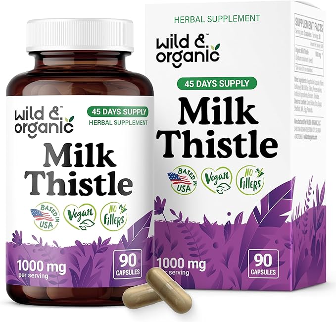Wild & Organic Milk Thistle Capsules 1000mg - Liver Detox Supplements - Silymarin Milk Thistle Powder for Liver Cleanse - 90 Vegan Capsules - 45-Days Supply - No Fillers, Non-GMO