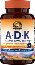 Vitalitown Vitamin ADK, High Potency Essential Vitamins A, D3 5000 IU, K1 & K2 (MK-4 & MK-7), Bone, Heart & Immune Health, Non-GMO, Max Absorption, 120 Softgels