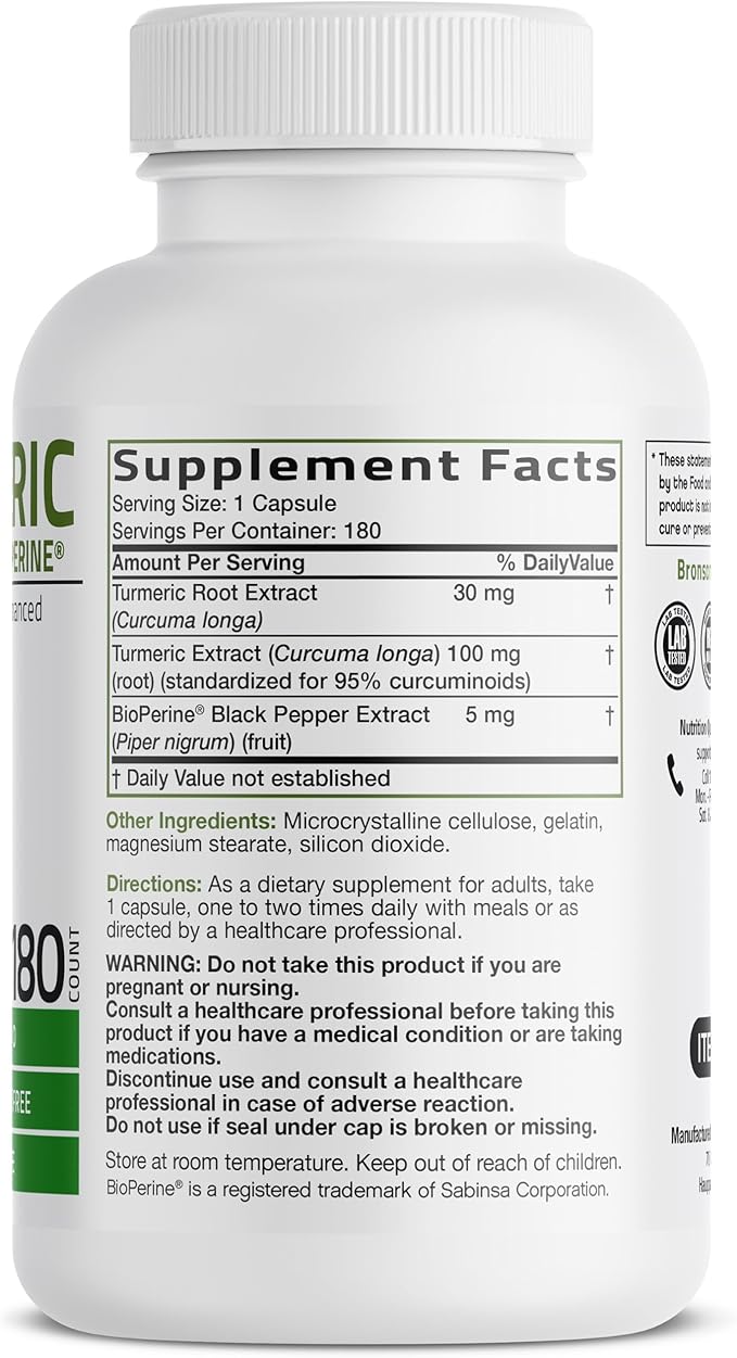 Bronson Turmeric Curcumin with BioPerine - High Potency Premium Joint Support with 95% Standardized Curcuminoids - Non-GMO Capsules with Black Pepper - 180 Count