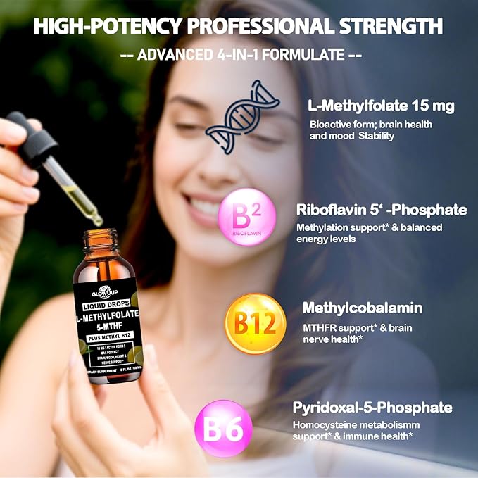 Methylfolate 15mg with Methyl B12 Liquid Drops | Active 5-MTHF Folate & B Complex Vitamins (B2 Riboflavin & B6) | Lemon Flavor Sublingual丨MTHFR Support Supplement for Methylation Mood & Energy–2 fl oz
