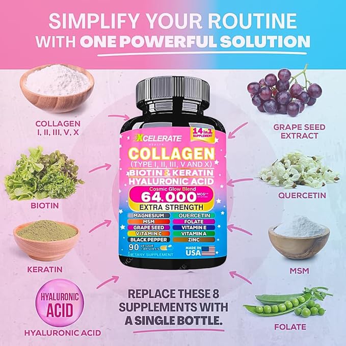 14 In 1 Collagen Supplement - Peptides Types l II III V X Biotin Keratin Hyaluronic Acid Folate Zinc Quercetin Apple Cider Vinegar Magnesium Grape Seed Hair Skin Nail Health Support (Label May Vary)