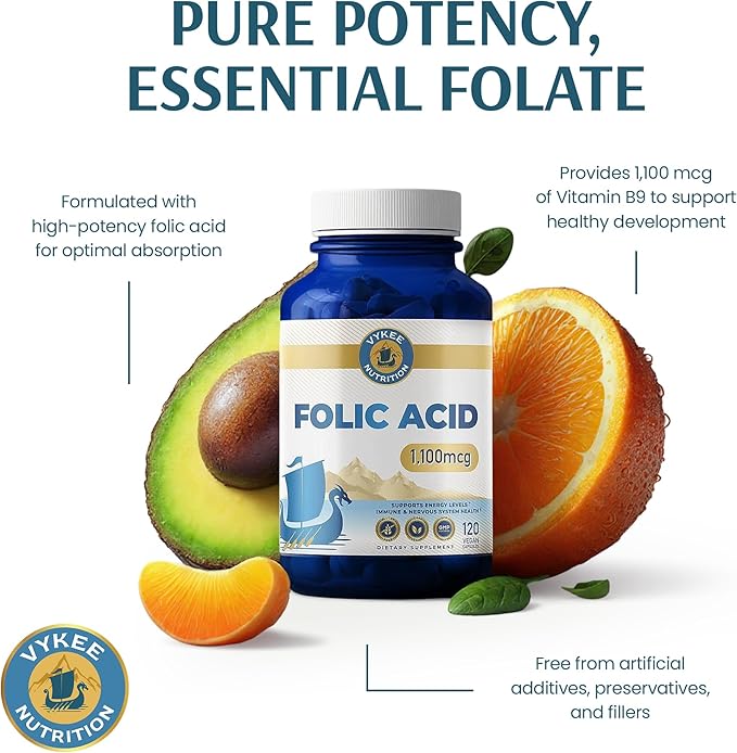 Vykee Nutrition Folic Acid Capsules - Supports Body Processes, Prenatal Health and Energy - Vitamin B9 Supplement for Women - Vegan, Non-GMO, Gluten Free - 1100 mcg, 120 Count