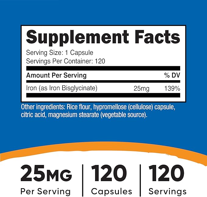 Nutricost Iron Bisglycinate Supplement (25mg) 120 Capsules - from Ferrous Bisglycinate Chelate - Non-GMO & Gluten-Free