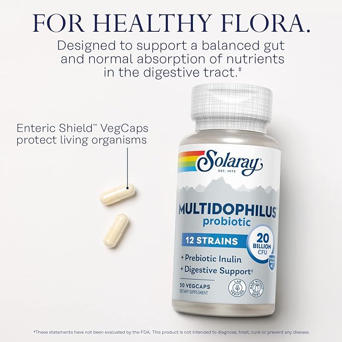 SOLARAY Multidophilus 12 Strain Probiotic 20 Billion CFU, Probiotics for Digestive Health and Gut Health Support w/Prebiotic Inulin, Made Without Dairy, 60 Day Guarantee, 25 Serv, 50 Enteric VegCaps