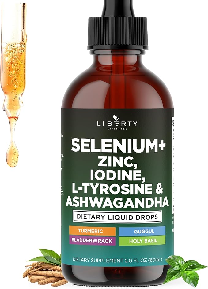 Thyroid Support Drops - Selenium, Zinc, Iodine, L Tyrosine, Ashwagandha, Turmeric, Schisandra Guggul, Cayenne, Basil - Liquid Supplement Folate Copper Alcohol -Free, Vegan, Non-GMO – 2 oz
