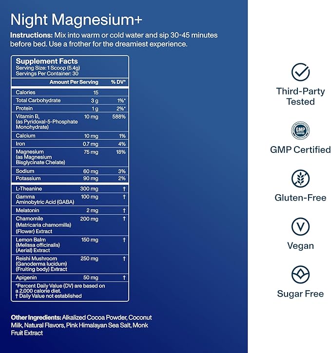 FOCL Night Magnesium Sleep Drink Mix, Natural Sleep Aid Powder for Adults with L-Theanine, Apigenin, Reishi and GABA, Sugar-Free, Non-GMO, Salted Chocolate