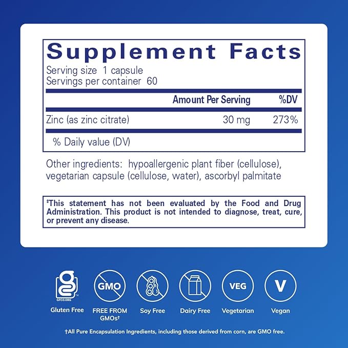 Pure Encapsulations Zinc (Citrate) - for Immune System, Tissue Development & Metabolism* - Mineral Supplement with Enzymes - Highly Absorbable Zinc - Vegan & Non-GMO - 60 Capsules