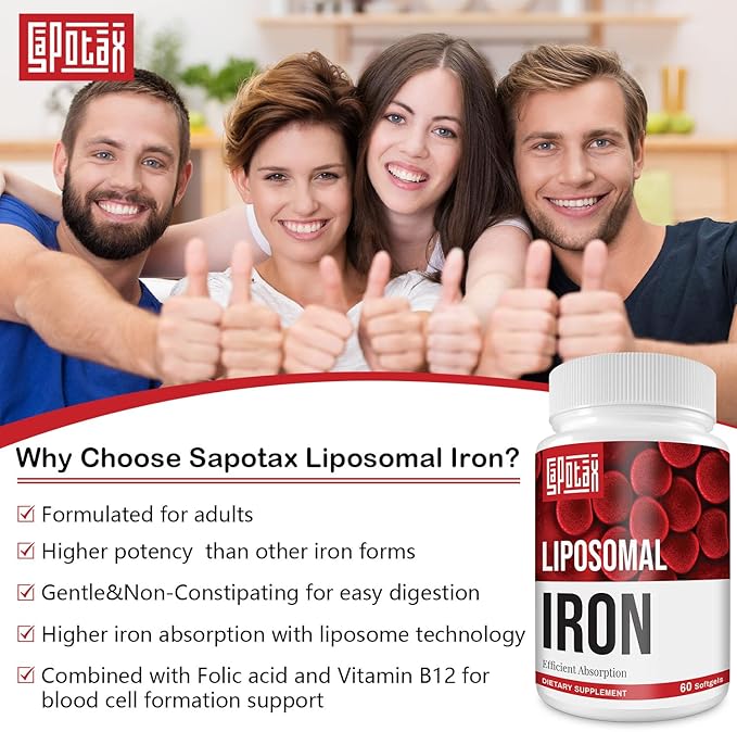 Liposomal Fe Iron Supplement for Women, 65 mg Iron Supplement with Folic Acid & Vitamin B12 for Men, Daily Blood & Energy Support for Adults Iron Deficiency 60 Softgels (1 Bottle)