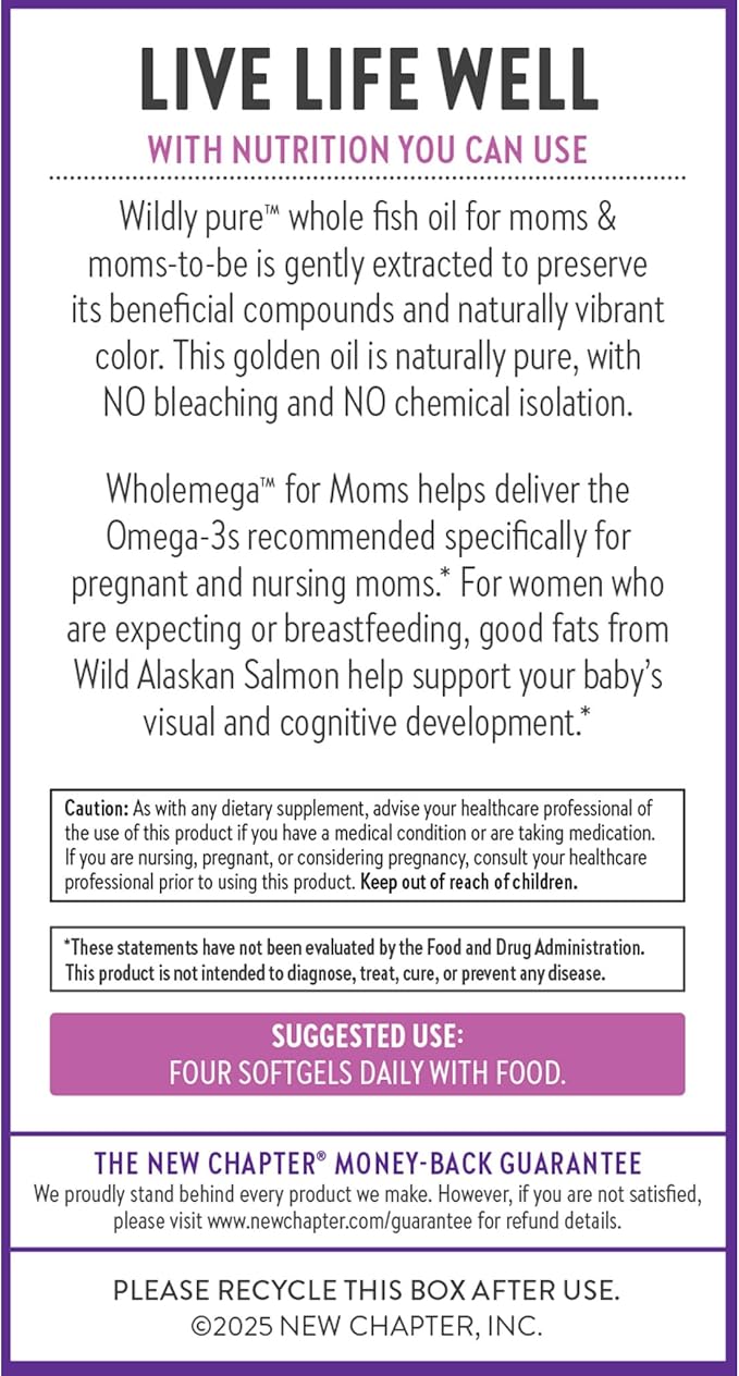 New Chapter Wholemega for Moms Fish Oil Supplement, Tiny Capsules, 2000mg per Serving, Prenatal DHA with Omega-3 + Vitamin D3 for Prenatal & Postnatal Support, 500mg Each - 180 Count