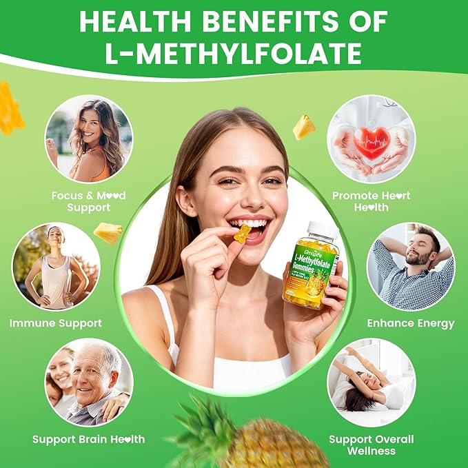 L-Methylfolate 15 mg Gummies with Methyl B12, Methylated B1, B2, B6, Active 5-MTHF & High Absorption - Supports Brain Health & Immune System, Pineapple Flavor, 60 Count