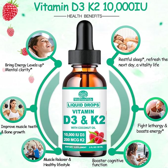 2 Pack D3 K2 Vitamin 10000iu, Liquid Drop Vitamin D3 With K2 (MK-7)200mcg Coconut Oil, 6X Stronger Than D3 K2 Sofegels, Magnesium Zinc for Absorption -K2 D3 Supplement for Joint Teeth & Bone Health