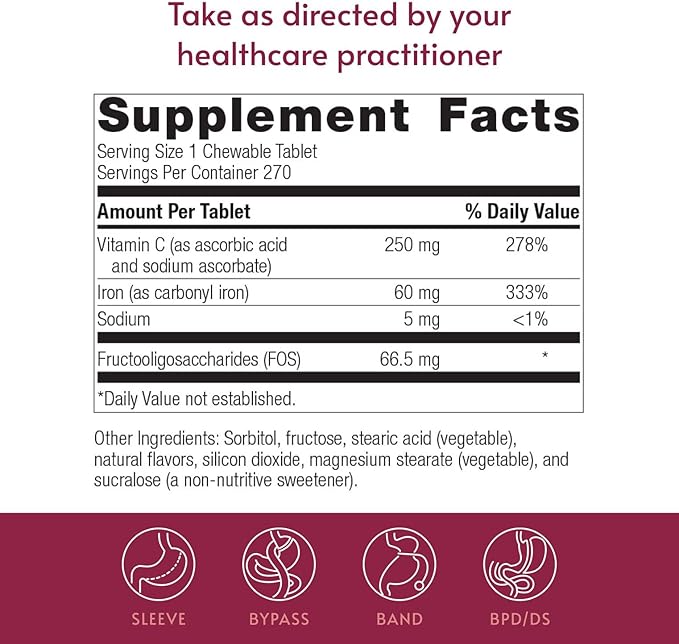 Bariatric Advantage Chewable Iron 60 mg - for Bariatric Surgery Patients - Iron with Vitamin C - No Iron Taste - Carbonyl Iron Supplement - Lemon & Lime - 270 Count