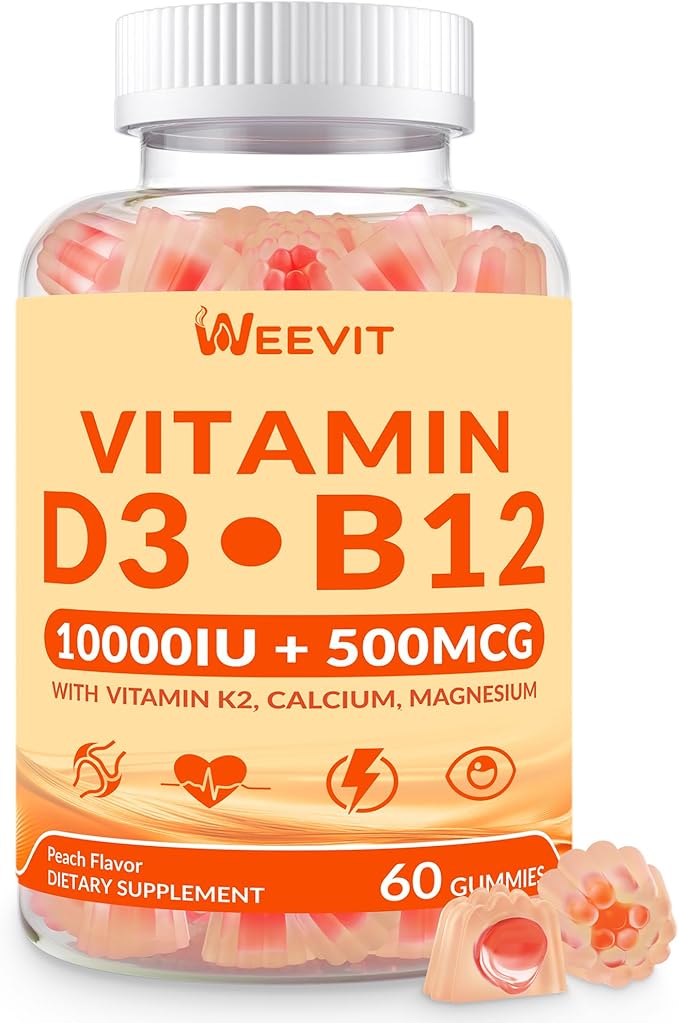 Vitamin D3 B12 Gummies, Vitamin D and B12 Gummy Suppment with Vitamin A, C, K, Calcium, Magnesium, Zinc for Women & Men