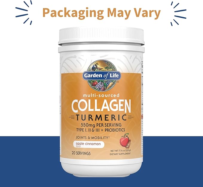 Garden of Life Multi-Sourced Collagen Peptides + Turmeric Powder - Apple Cinnamon, 20 Servings, for Women Men Joints Mobility, Hydrolyzed Collagen Protein Powder Supplements