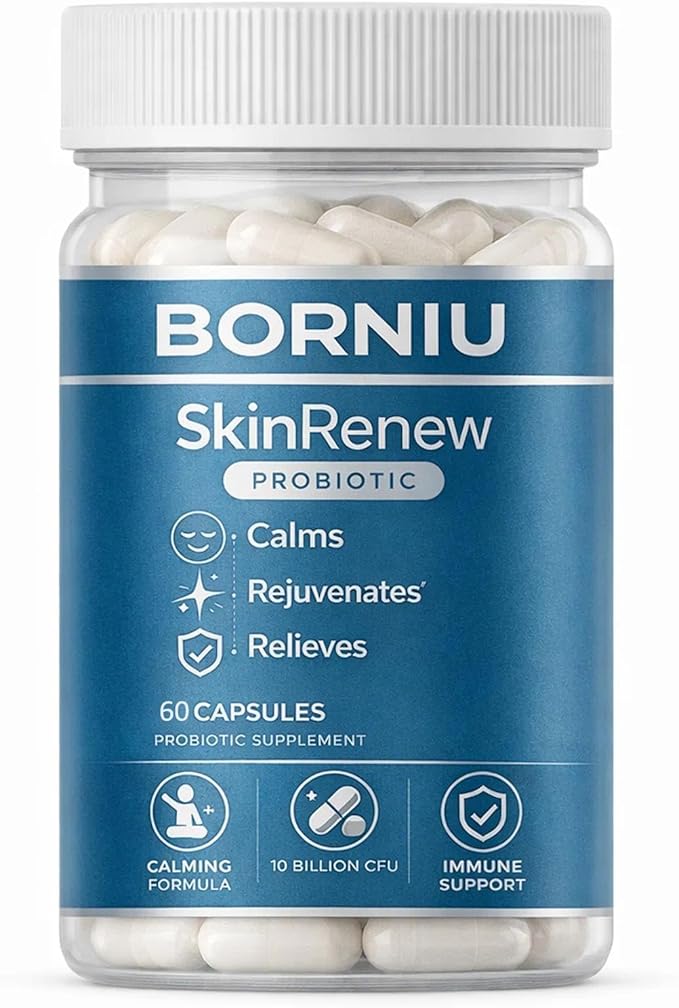 Borniu SkinRenew Probiotic for Gut and Skin Support, 5 Targeted Probiotic Strains Plus Inulin Prebiotic Fiber, Vegan, Non-GMO, 60 Capsules(1pc)