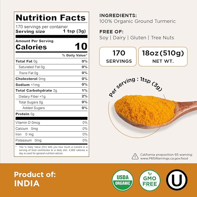 HQOExpress Organic Ground Turmeric Powder – USDA Organic, Non‑GMO, Kosher, Lab Tested –Chef Jar (18 oz) – Sustainably Grown, Traceable, Legacy Brand Since 1977