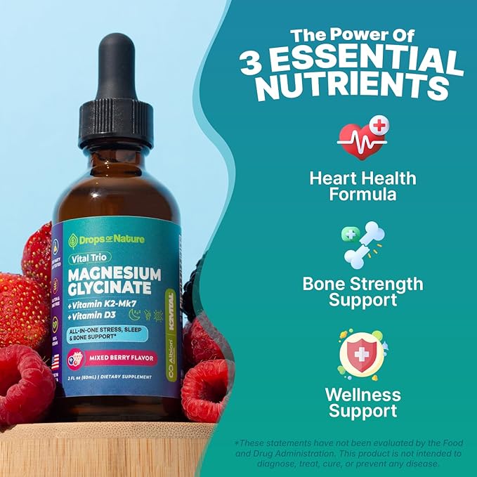 Magnesium Glycinate, Vitamin K2 & D3 Supplement – GMO-Free – VIT D MK7 K2 Vitamin Supplement & Magnesium Blend – with Nutrients for Bone Nutrition & Cardiovascular Function (Mixed Berry, 60 mL)