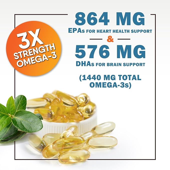 Omega 3 Fish Oil Supplements - 2400mg Fish Oil Per Serving - Triple Strength Omega-3 with EPA & DHA Fatty Acids - Natural Heart, Brain & Immune Support - Wild Caught, Bottled in USA - 60 Softgels