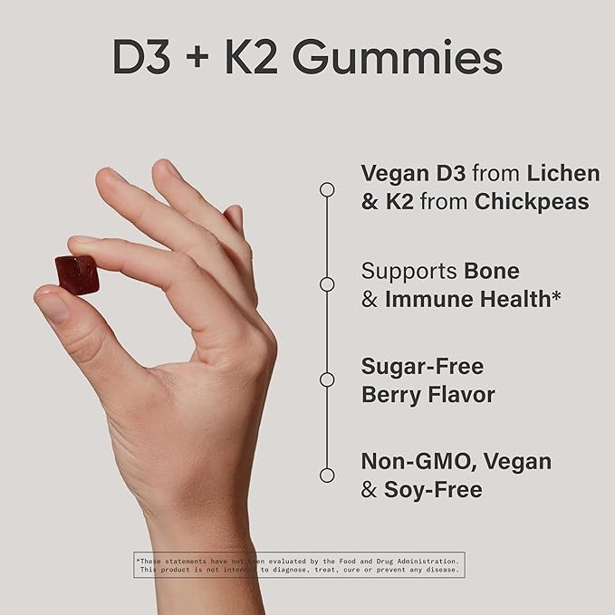 Sports Research® Vegan Vitamin D3 + K2 Sugar Free Gummies - 125mcg (5000iu) Vitamin D w/ 100mcg Mk7 Vitamin K - Supports Bone & Immune Health* - Vegan Certified · Non-GMO · Soy Free - 60 Count