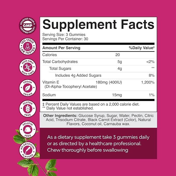 Natures Craft Vitamin E Gummies for Skin Care - High-Potency Vitamin E 400 IU Skin Supplement - Delicious & Easy-to-Take Supplement Promote Health Immune Support & Cellular Protection 90 Count