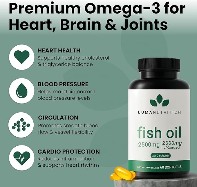 Luma Nutrition Omega 3 Fish Oil Supplement - Extra Strength 2500mg Per Serving - 2000mg EPA & DHA Per Serving - Brain and Heart Health - 60 Softgels, 30 Servings