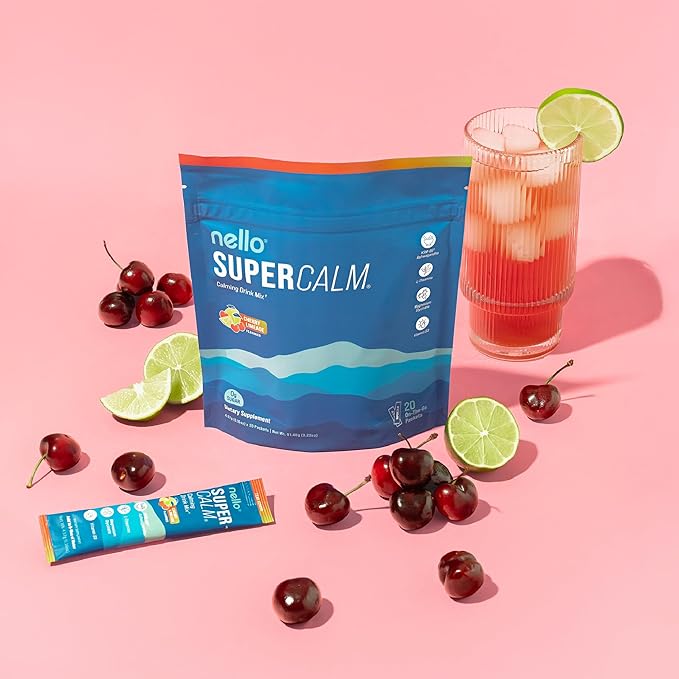 Nello Supercalm Powdered Drink Mix, Cortisol Reducer* and Sleep Aid Supplement, L Theanine, Ksm-66 Ashwagandha, Magnesium Glycinate, Vitamin D 3, No Sugar, Non GMO, On The Go, 20 Ct, Cherry Limeade