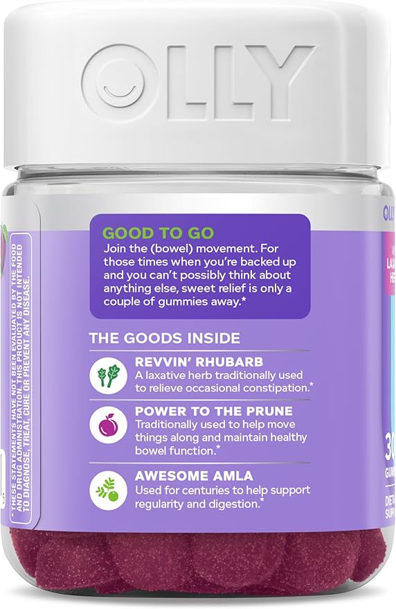 OLLY Keep it Movin' Gummy Supplement, Occasional Constipation Support,* Rhubarb, Prune, Amla Extracts - Plum Berry Flavored, 15 Day Supply - 30 Count