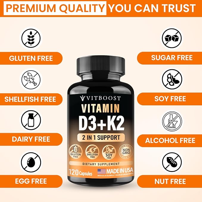 VITBOOST Vitamin D3 K2 Complex - Easy to Swallow - Vitamin D (D3) 5000 IU (125 mcg) & K2(MK-7) 90 mcg | Non-GMO | Gluten-Free | USA Made | 120 Capsules