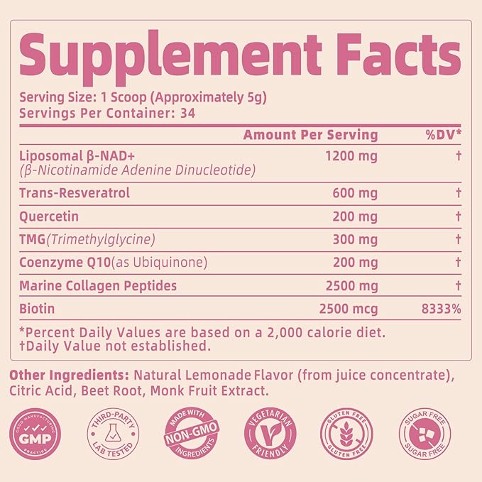 NAD Supplements for Women 5000mg, Liposomal NAD+ Powder with Resveratrol, Collagen Peptides, Biotin, CoQ10 & TMG for Healthy Aging, Cellular Energy, Hair Skin & Nails, Pink Lemonade Mix, 34 Servings