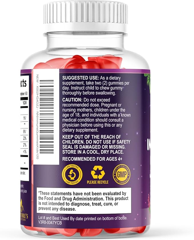 Kids Immune Support Gummies - Vitamin C, Zinc & Echinacea Children's Daily Immune Health Support Gummy Supplement for Ages 4 and Up, Natures Kid's Vitamin C Gluten-Free & Non-GMO, Vegan - 120 Gummies